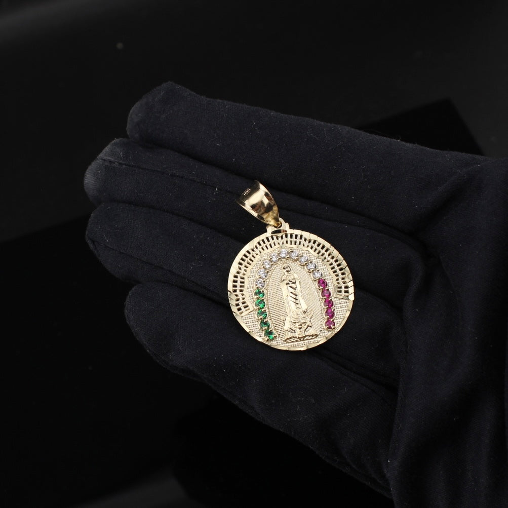 Real 10K Gold Round Virgin Mary Pendant