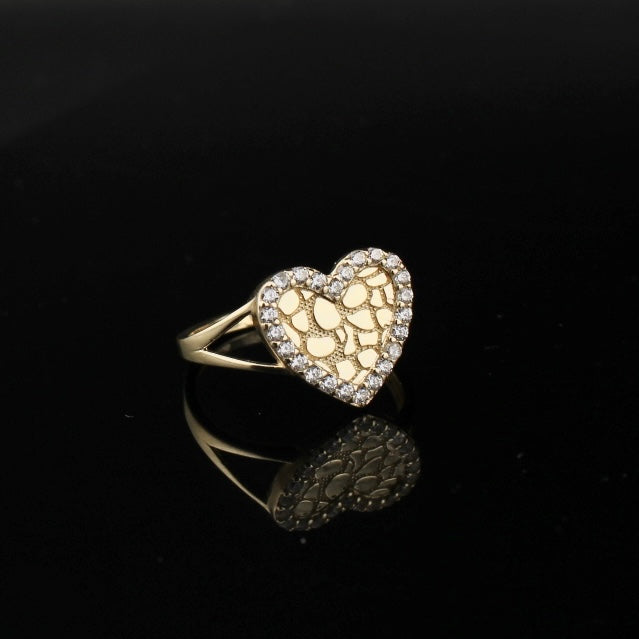 Real 14K Gold Heart Nugget CZ Ring