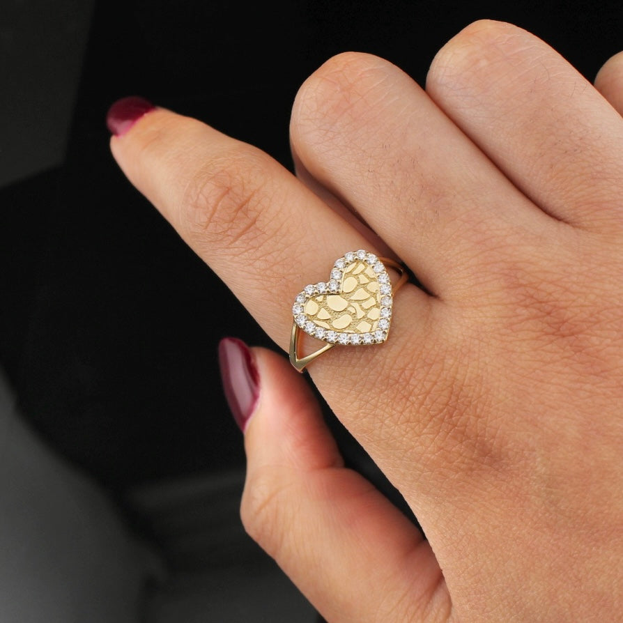 14K Gold Heart Nugget CZ Ring