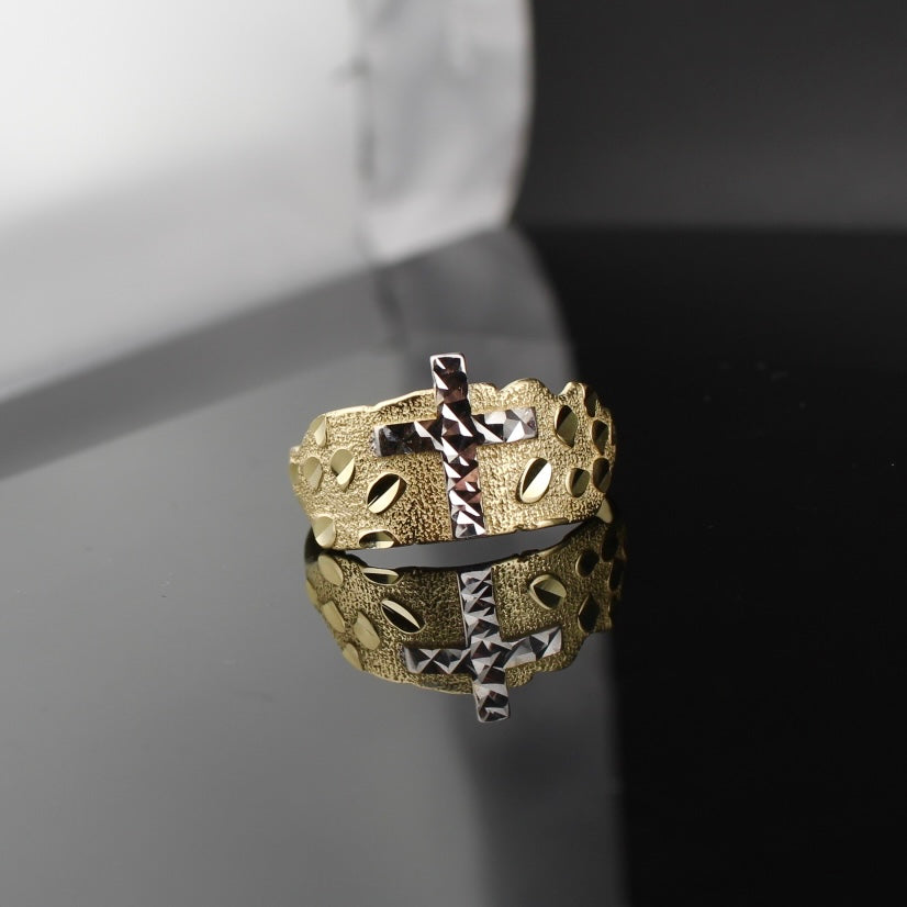 Anillo de oro de 10K auténtico con pepita y cruz