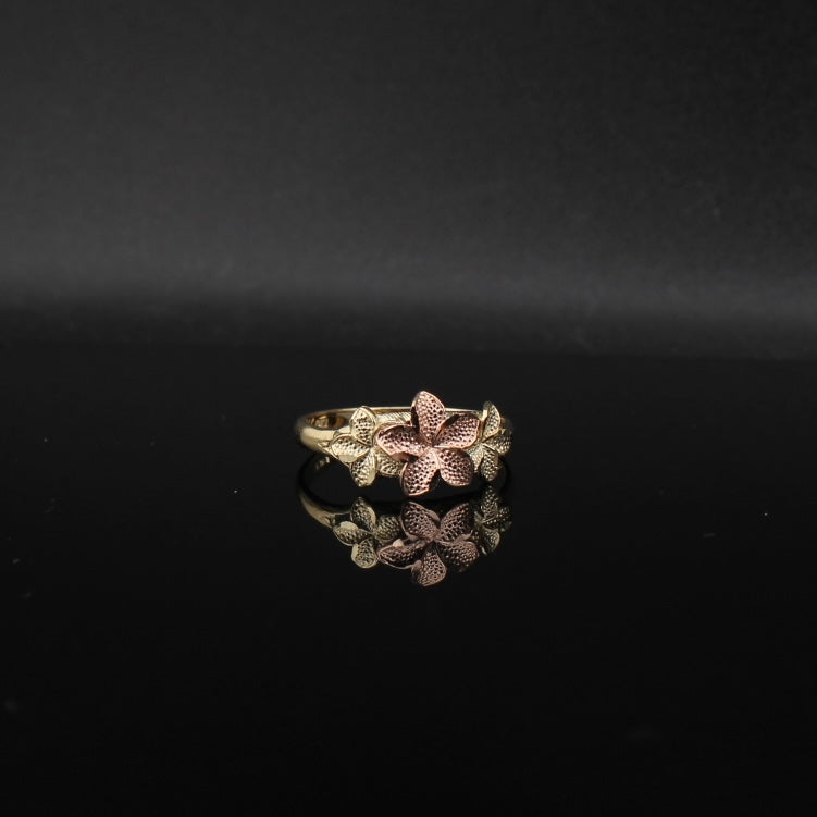 Anillo de flor de hibisco de oro rosa de 10 quilates auténtico