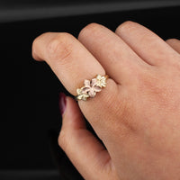 Anillo de flor de hibisco de oro rosa de 10 quilates auténtico
