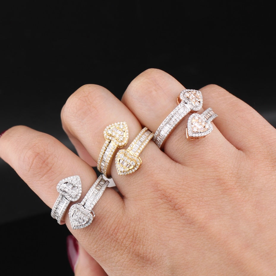 Anillo de doble corazón de diamante de oro de 10K real