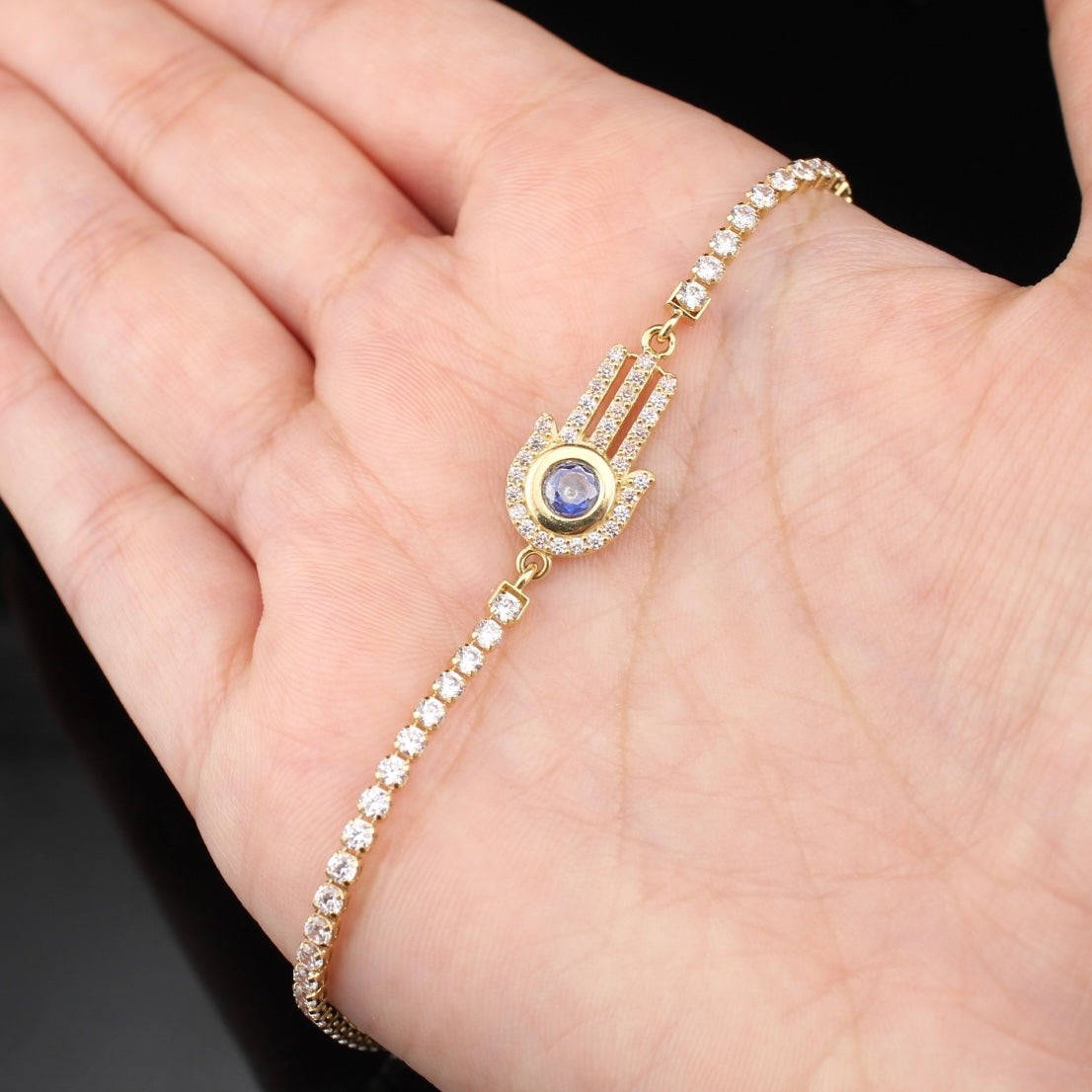 Pulsera de mano de Hamsa de oro de 14 quilates auténtico