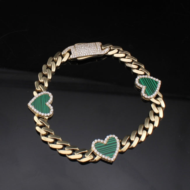 Pulsera de corazón cubana de oro de 10K auténtico