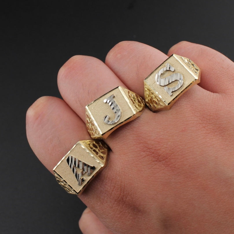 Anillos de oro auténtico de 10 quilates con inicial de pepita TODAS LAS LETRAS