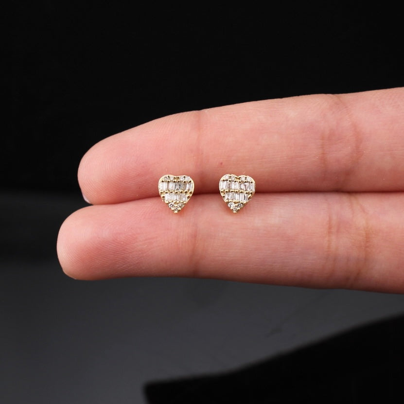 Real 14K Gold Diamond Heart Studs