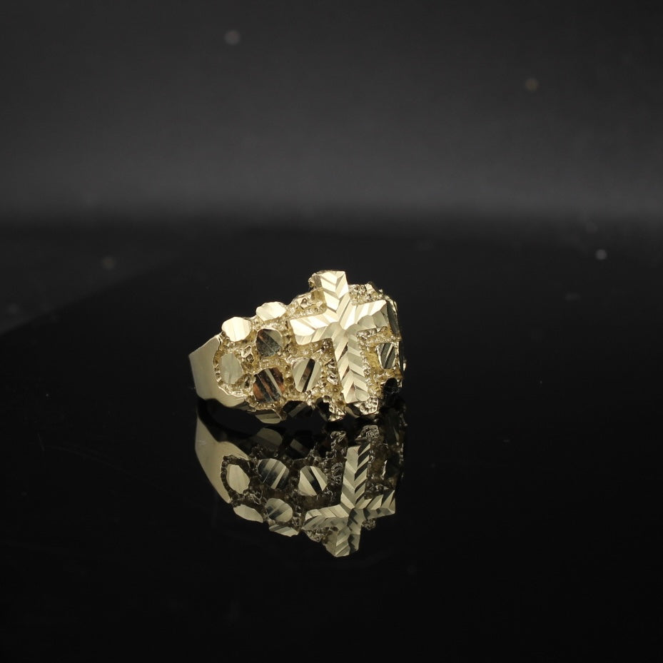 Anillo de oro de 10K auténtico con pepita y cruz