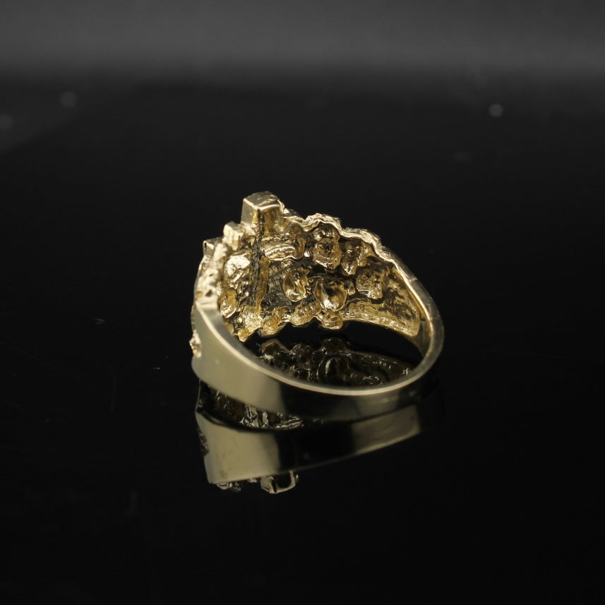 Anillo de oro de 10K auténtico con pepita y cruz