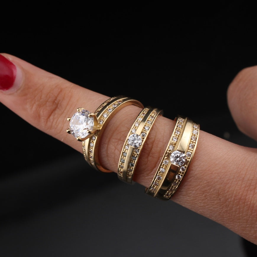 Juego de anillos trío de oro de 10K auténtico