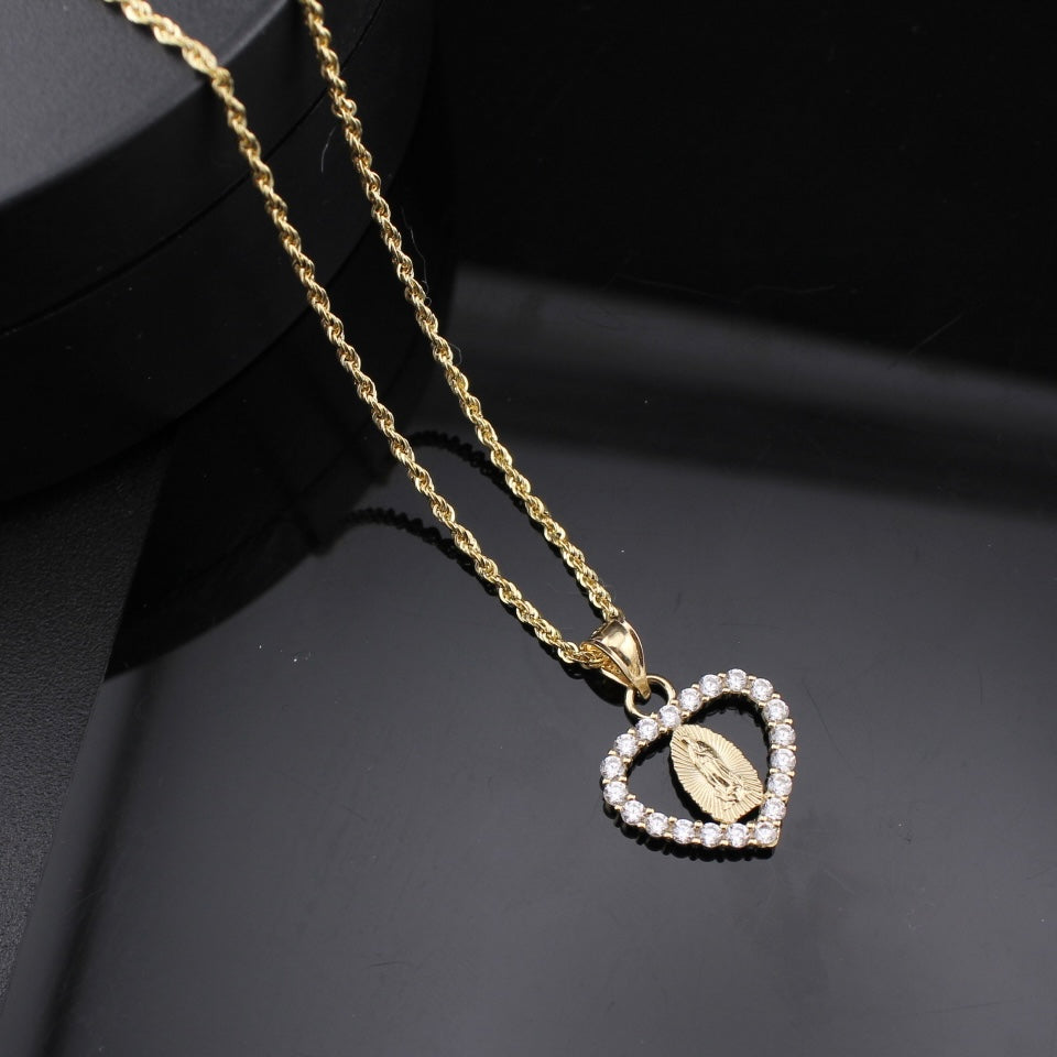 Real 10K Gold Heart Virgin Mary Pendant