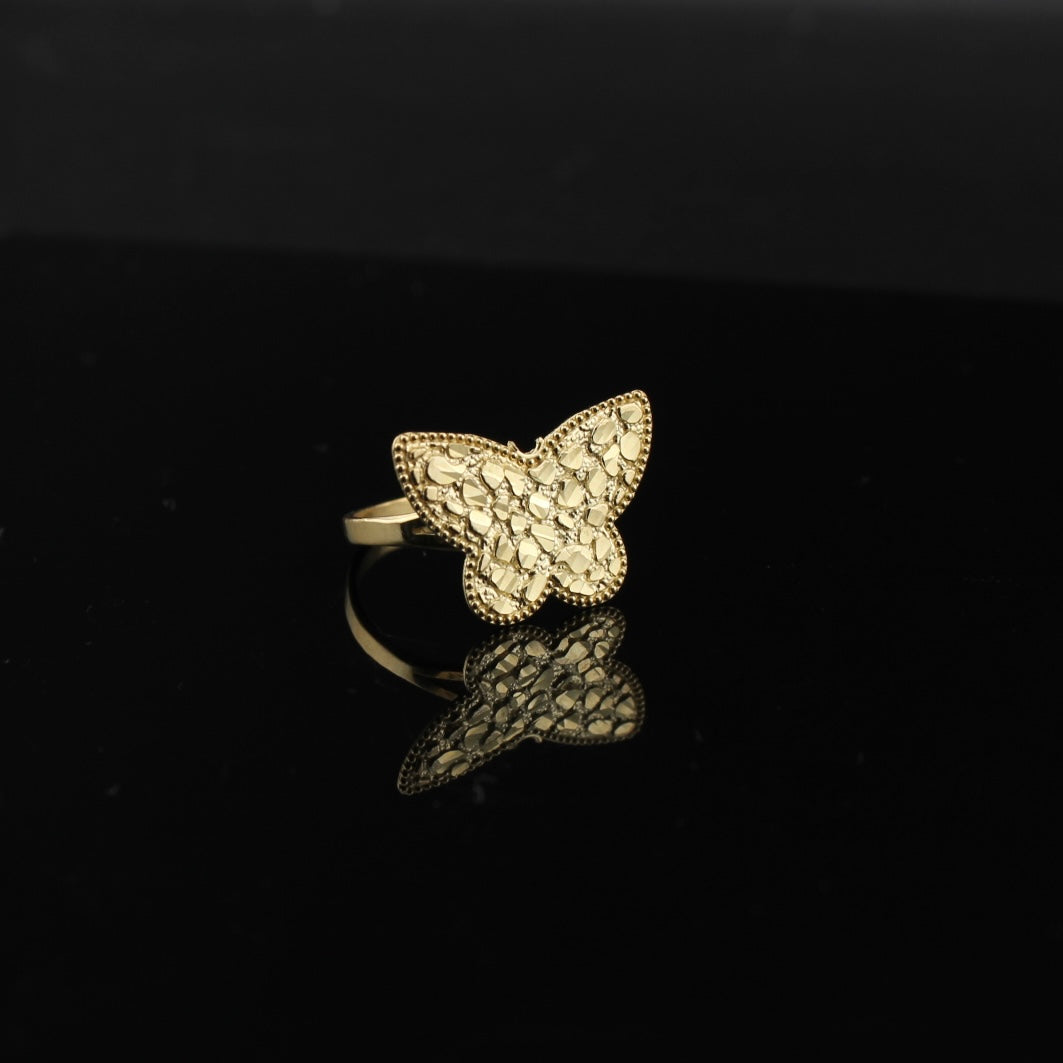 Anillo de mariposa pepita de oro de 10K auténtico