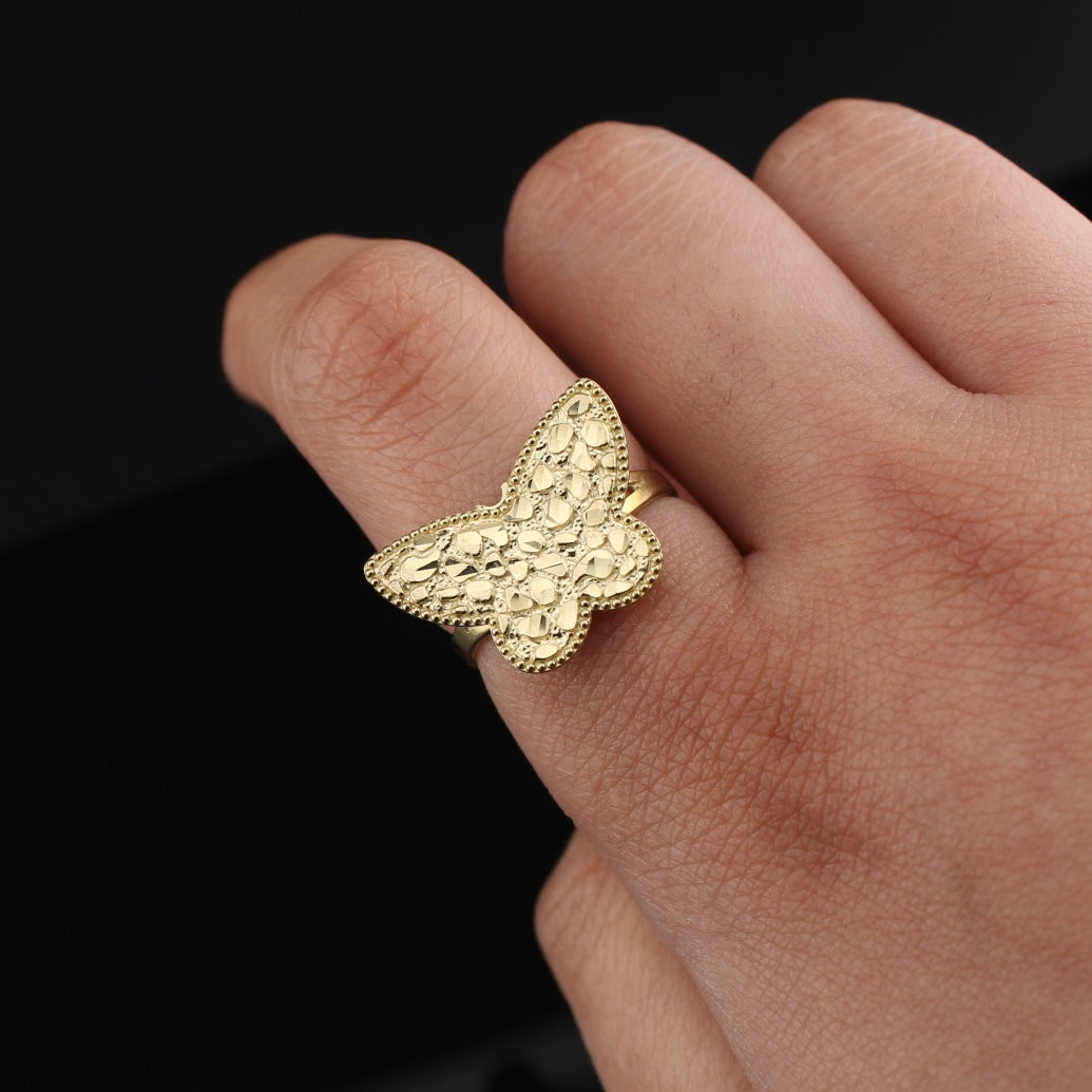 Anillo de mariposa pepita de oro de 10K auténtico