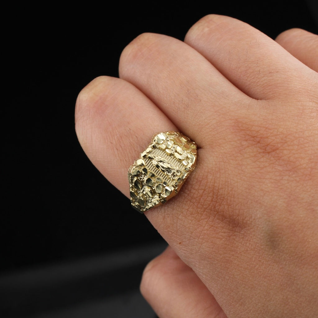 10K Real Gold Virgin Mary Nugget Ring - detail view - ICEbyAK