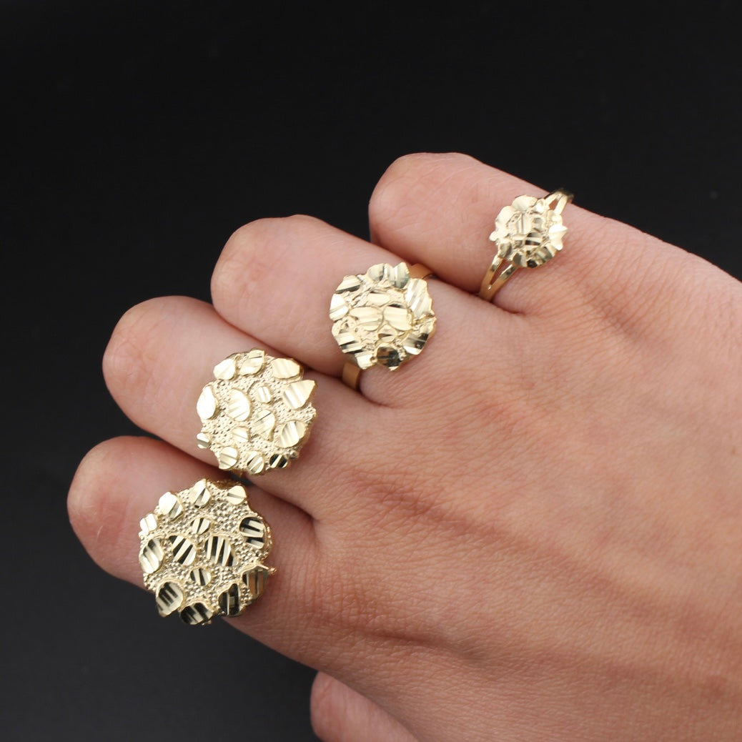 Anillo redondo de pepita de oro de 10K auténtico