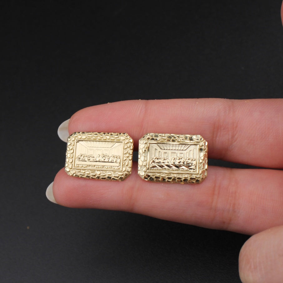 10K Gold Last Supper Rectangle Nugget Earrings - on black background - ICEbyAK
