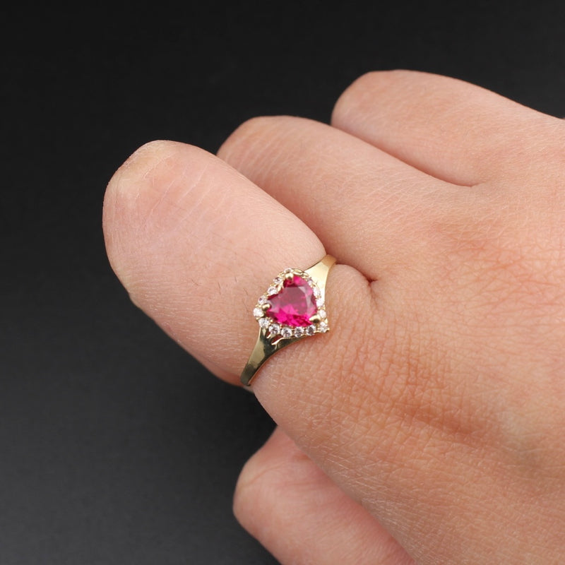 Anillo de Corazón Rojo de Oro de 14K Auténtico