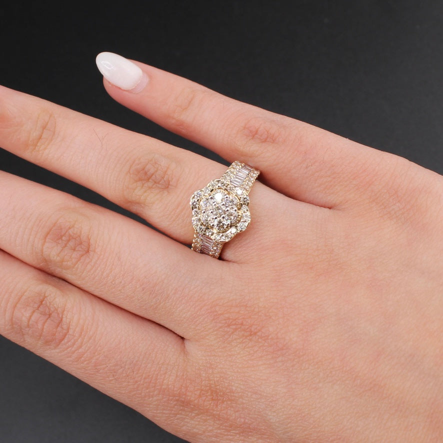 Anillo de oro de 10K auténtico con diseño de flor y diamantes para mujer