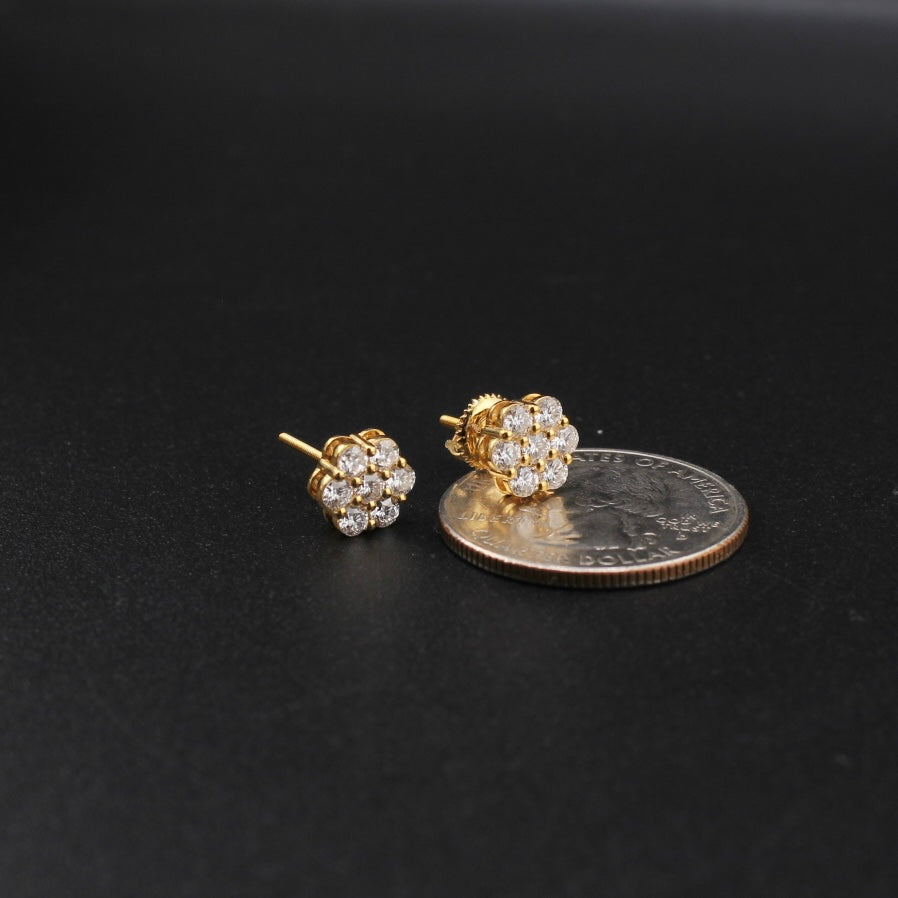 Real 10K Gold Diamond Flower Earrings 0.94 CTW
