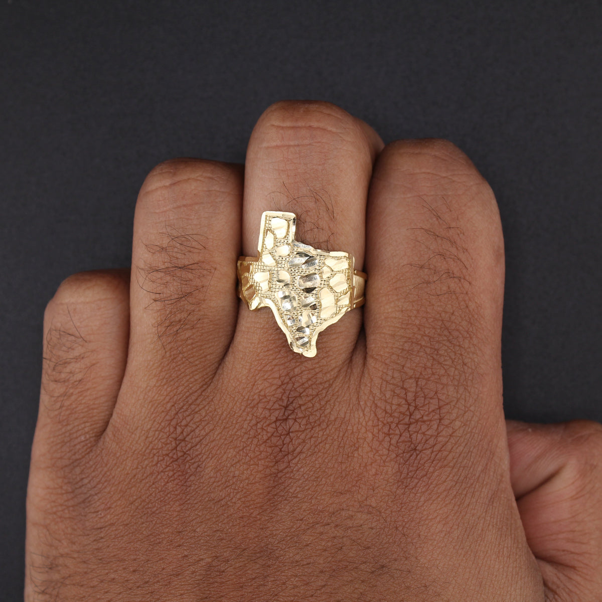 Anillo de oro de 10K auténtico con pepita curva de Texas, grande