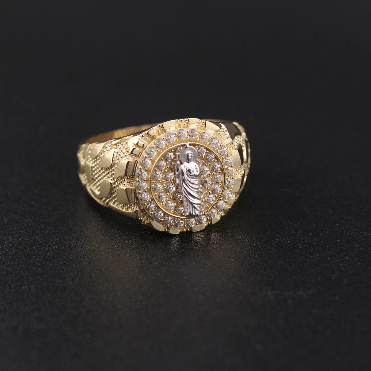 Anillo redondo de San Judas de oro de 10K auténtico