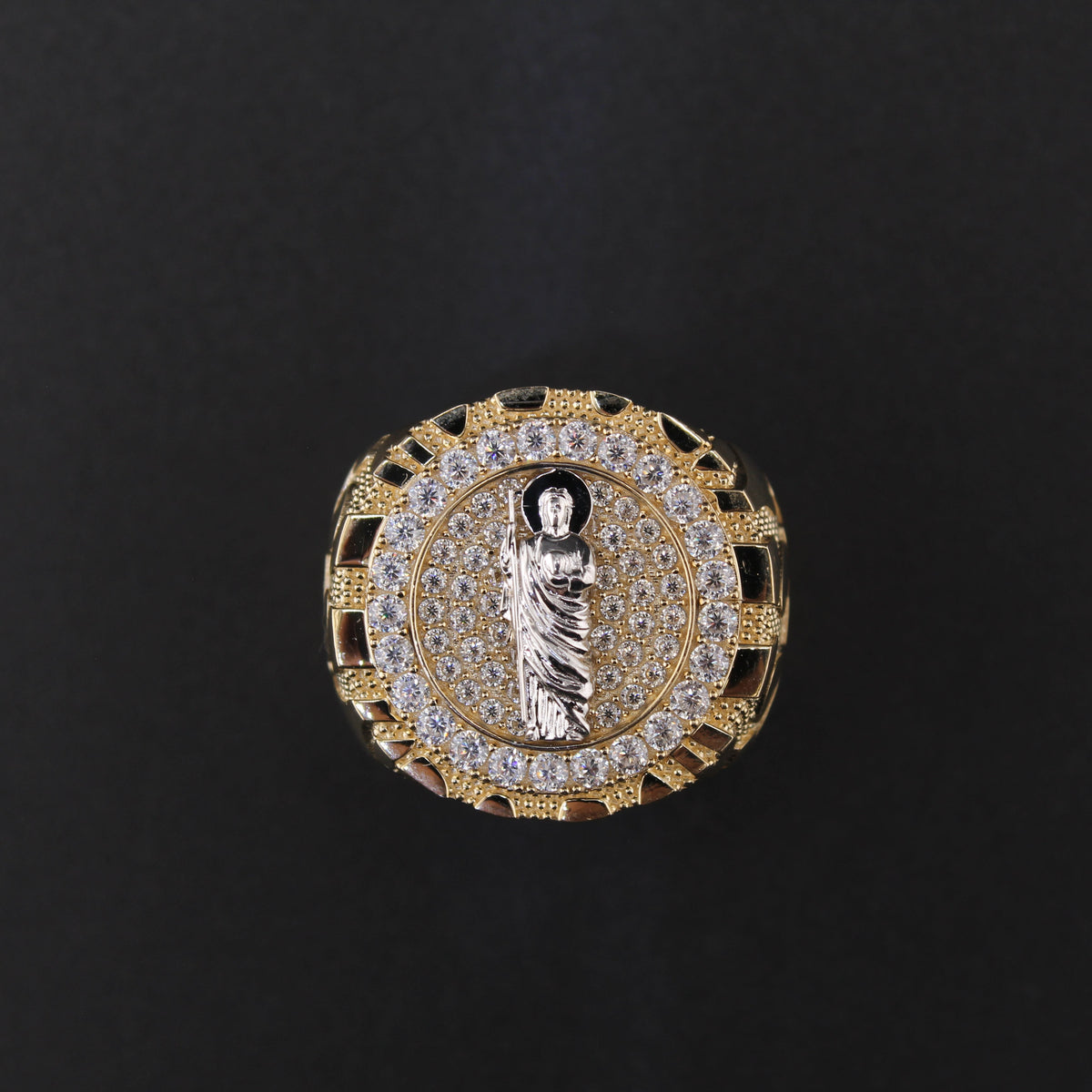 Anillo redondo grande de oro de 10K auténtico de San Judas