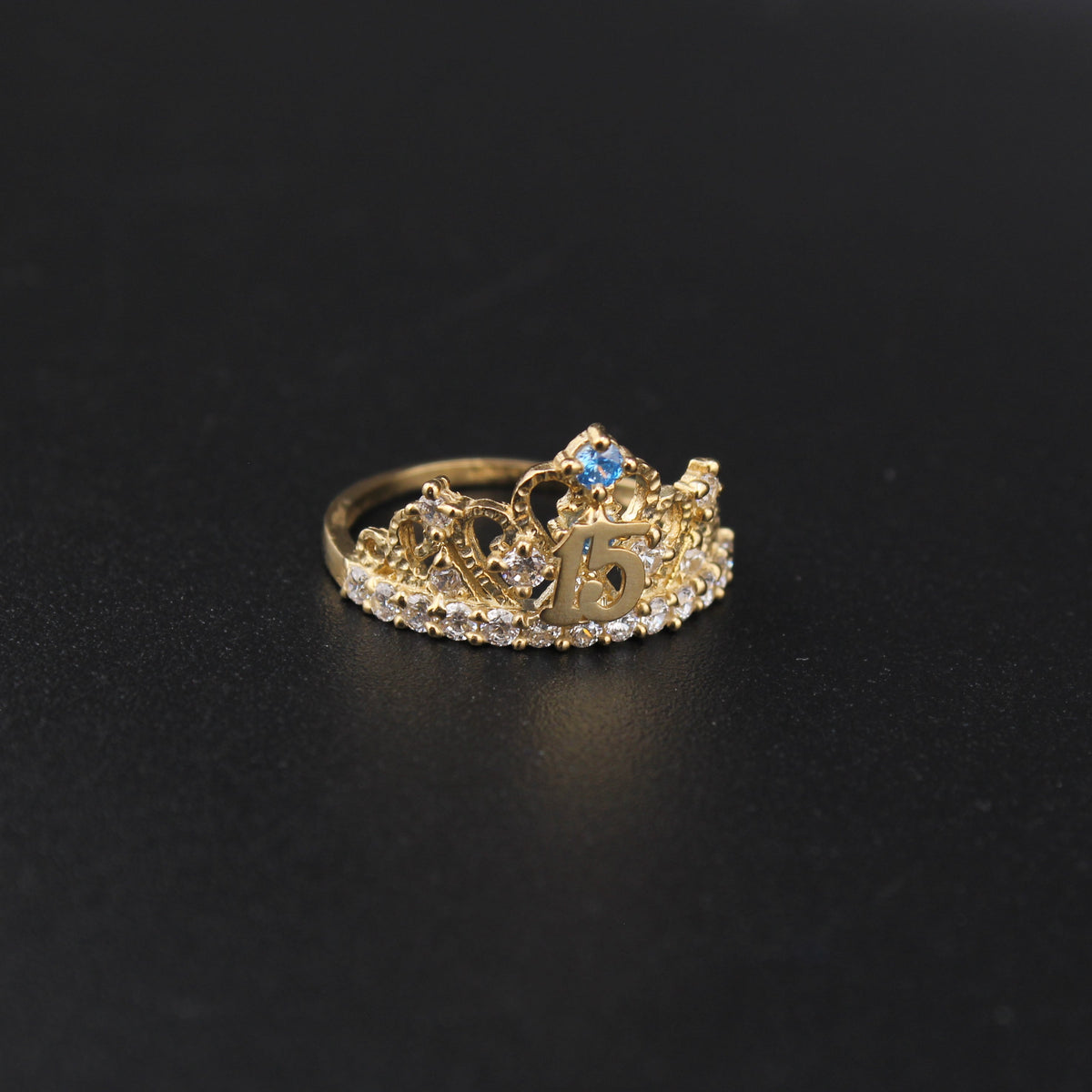 10K Quinceanera Crown Ring with Aquamarine Stone
