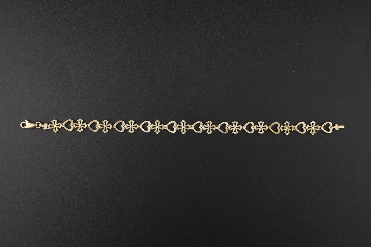 Real 10K Gold Nugget Bracelet Heart & Cross