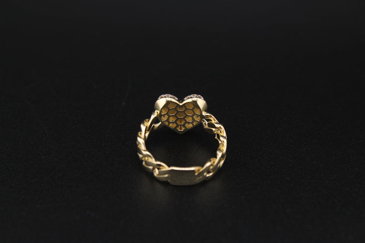10K Gold Heart Ring Cuban Band CZ