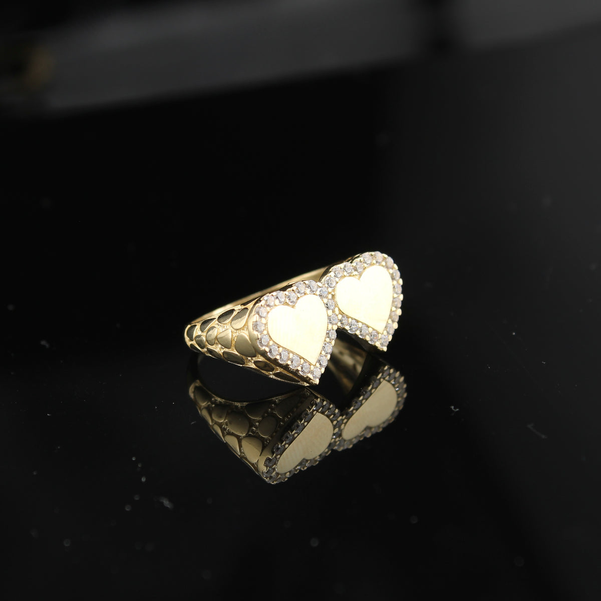 Anillo doble corazón de oro de 14 quilates auténtico