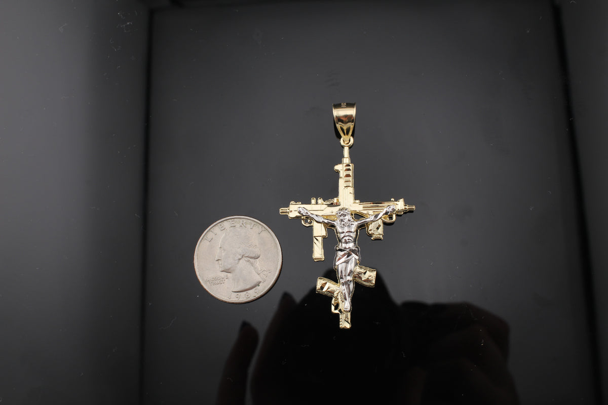 Real 10K Gold Diamond Cut Cross Jesus gun pendant