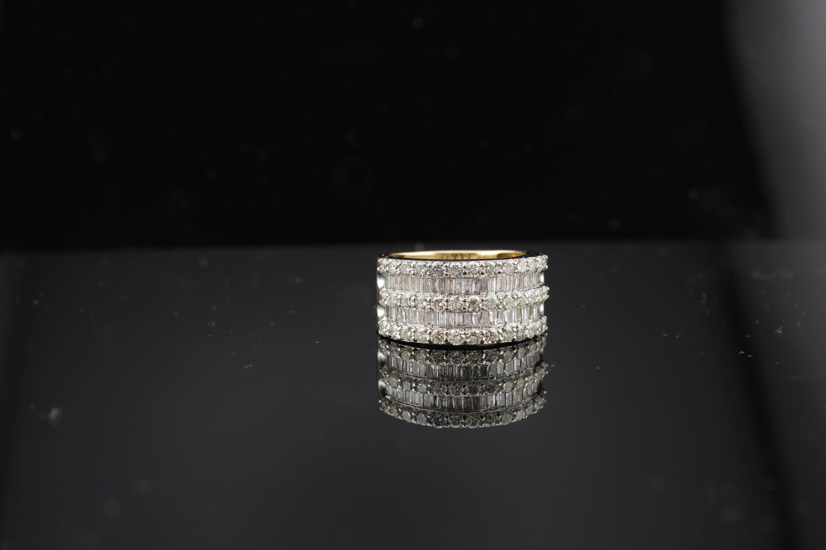 Real 10K Yellow Gold Big Diamond Band with baguettes