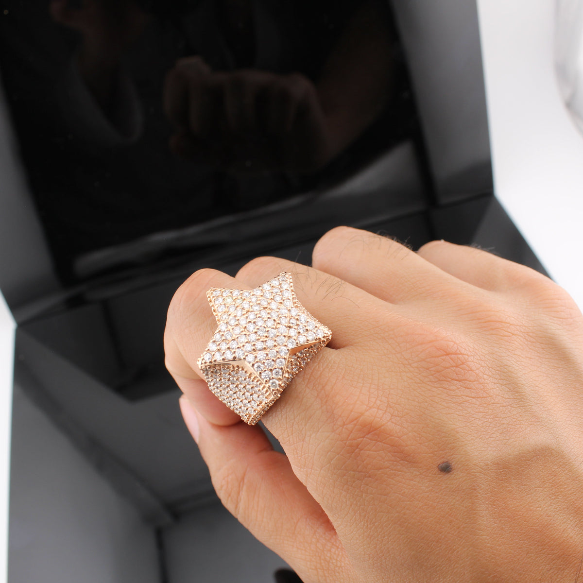 Real 14K Rose Gold Diamond Star Ring