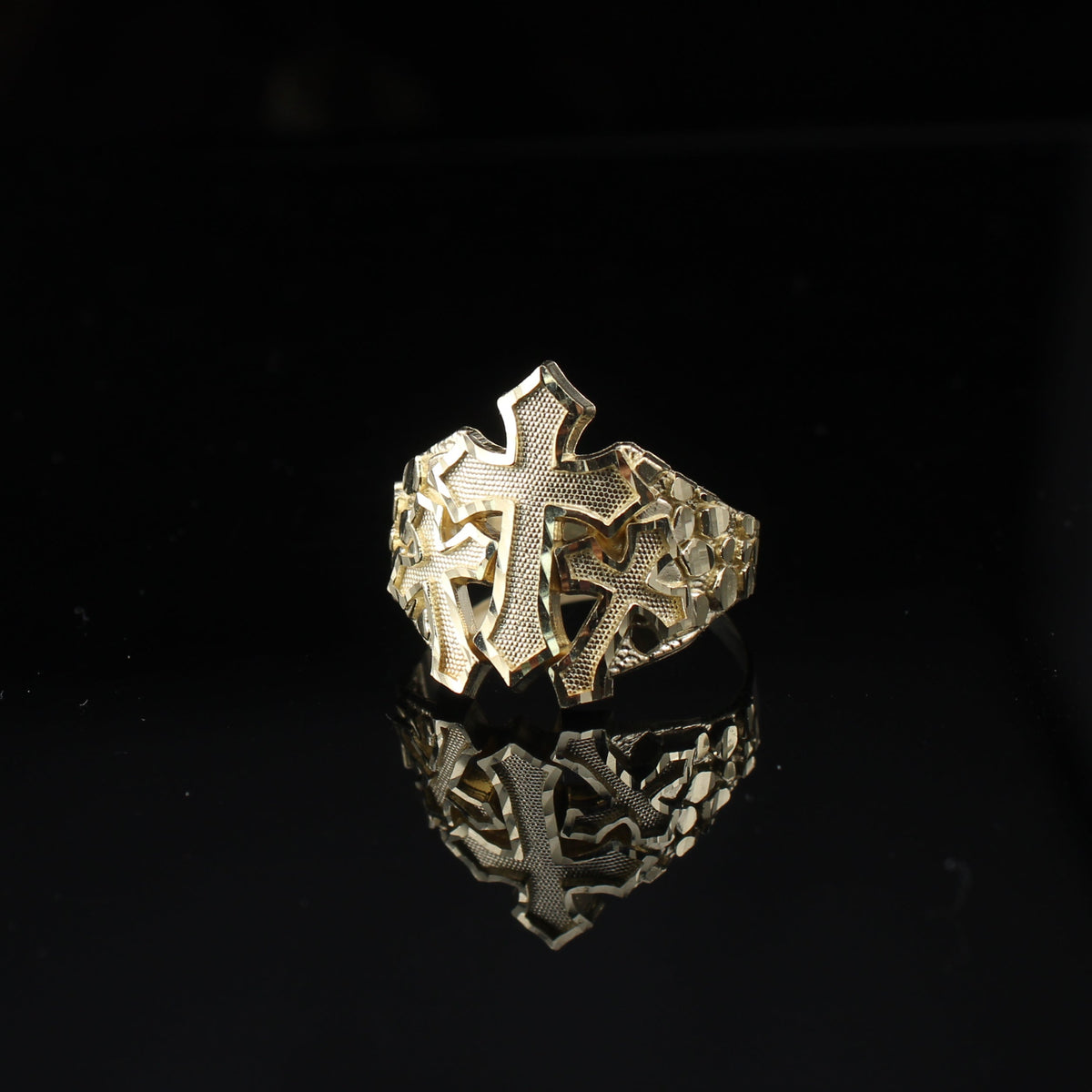 Real 10K Gold Mens Triple Cross Nugget Ring