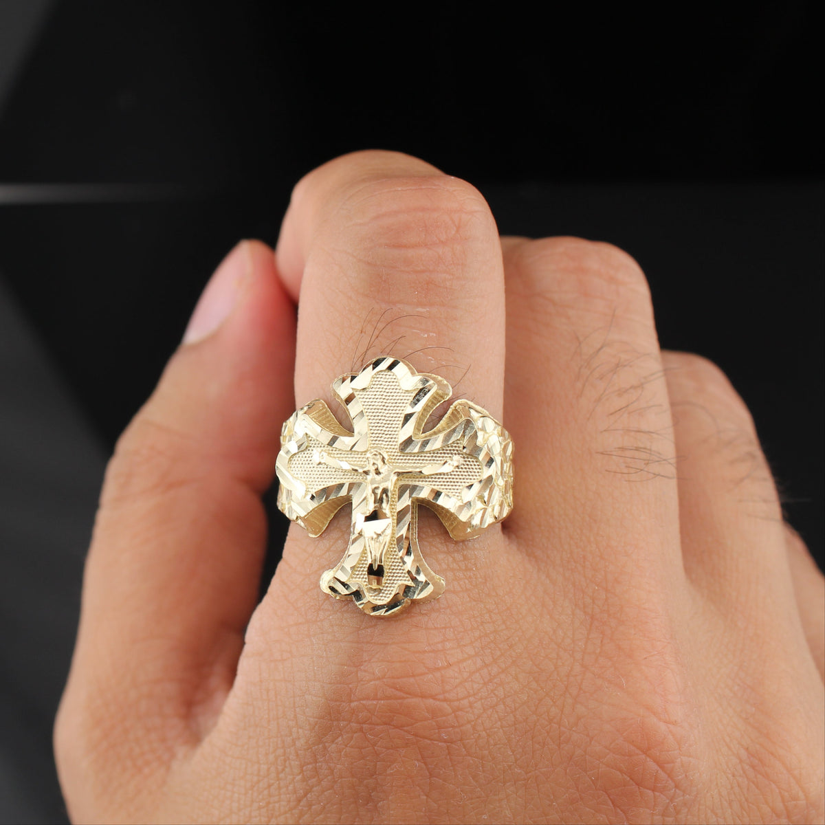 Anillo Cruz Jesús Pepita Oro 10K Hombre Genuino