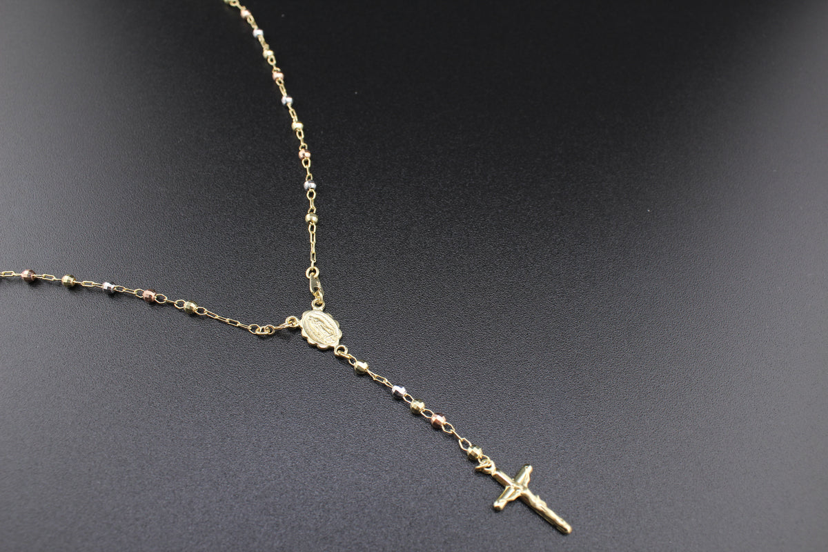 14K Tri Color Rosary Necklace - detail view - ICEbyAK