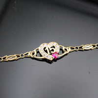 Pulsera de corazón de quinceañera de oro real de 14 quilates