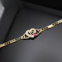 Pulsera de corazón de quinceañera de oro real de 14 quilates