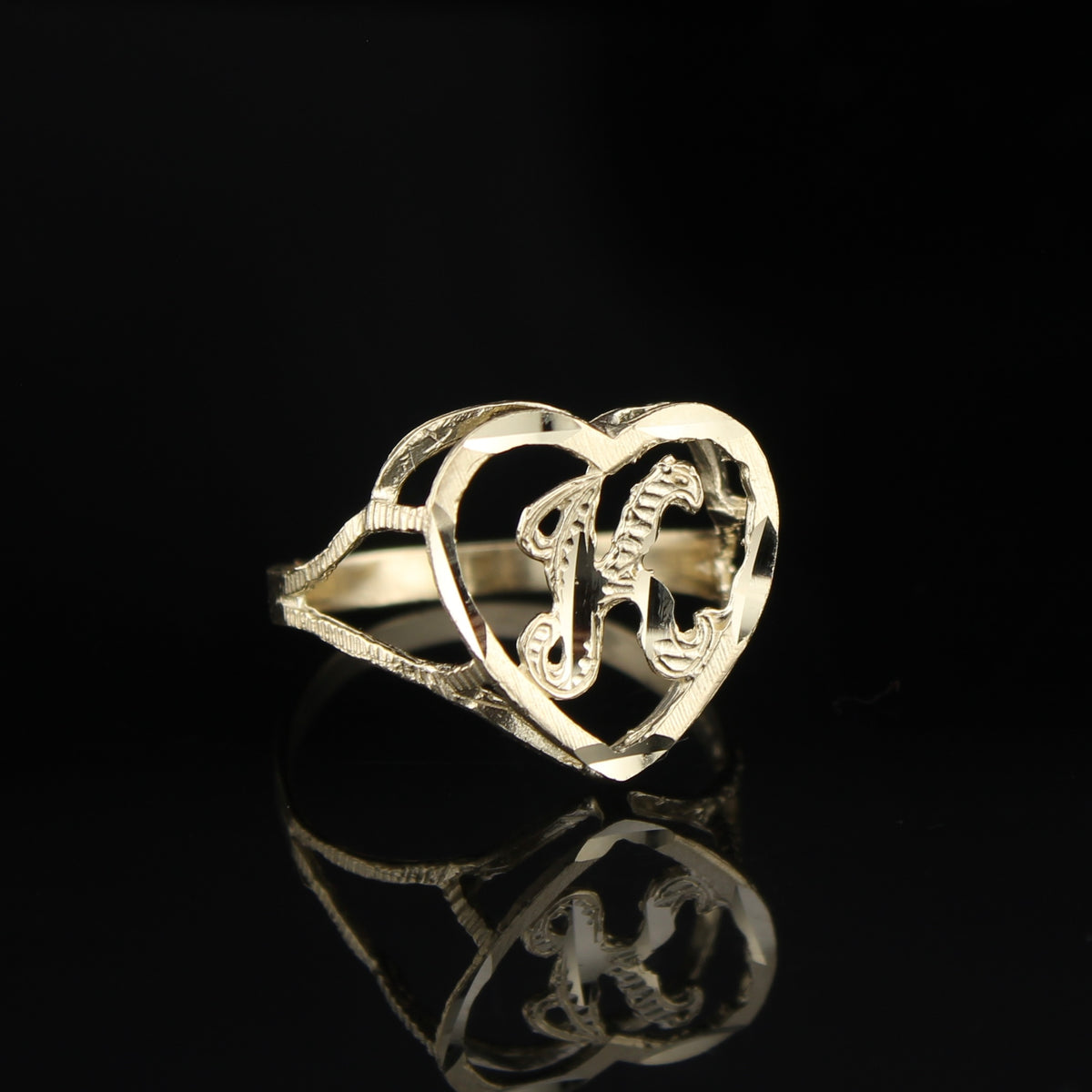 Anillo de inicial "K" de corazón de oro de 10K auténtico