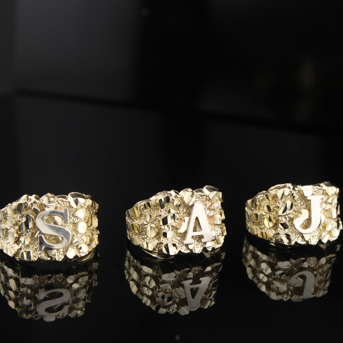 Real 10K Gold Initial Nugget Ring Large