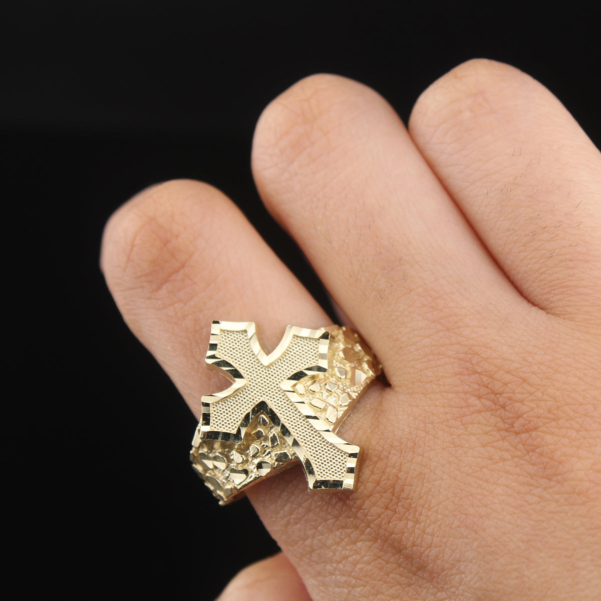 Real 10K Gold Nugget Cross Ring
