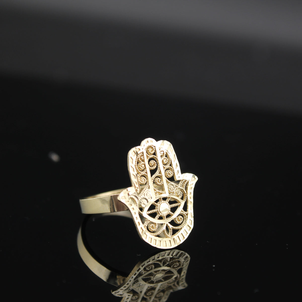 Anillo de Mano Hamsa de Oro de 10K auténtico