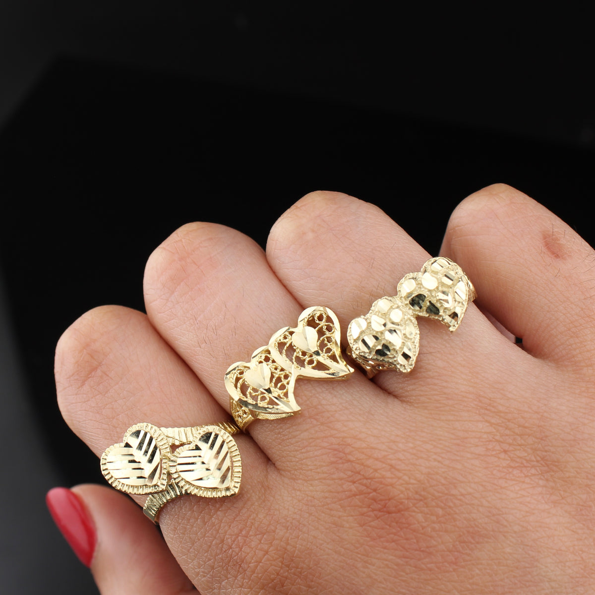 Anillos de Doble Corazón de Oro Real de 10K