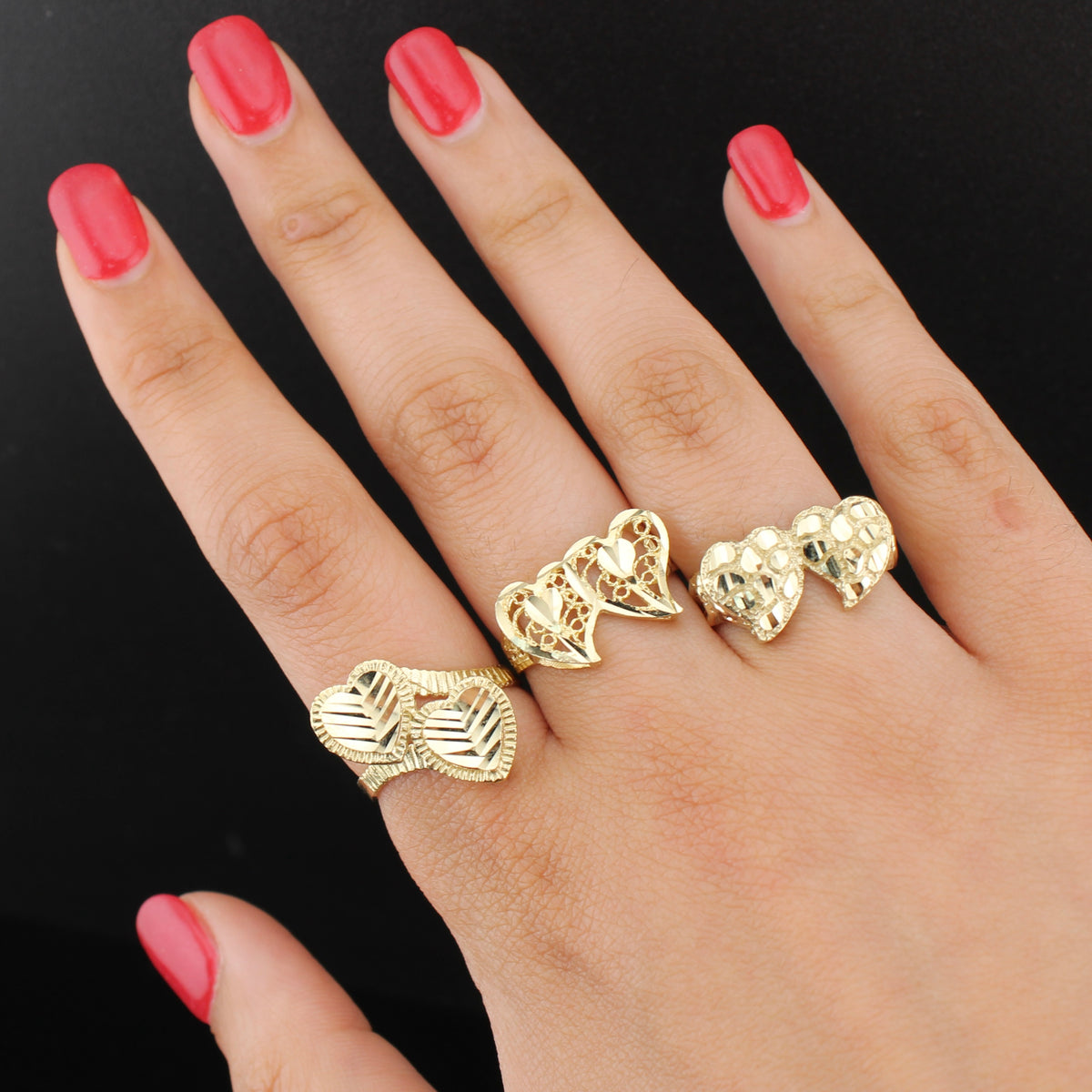 Anillos de Doble Corazón de Oro Real de 10K
