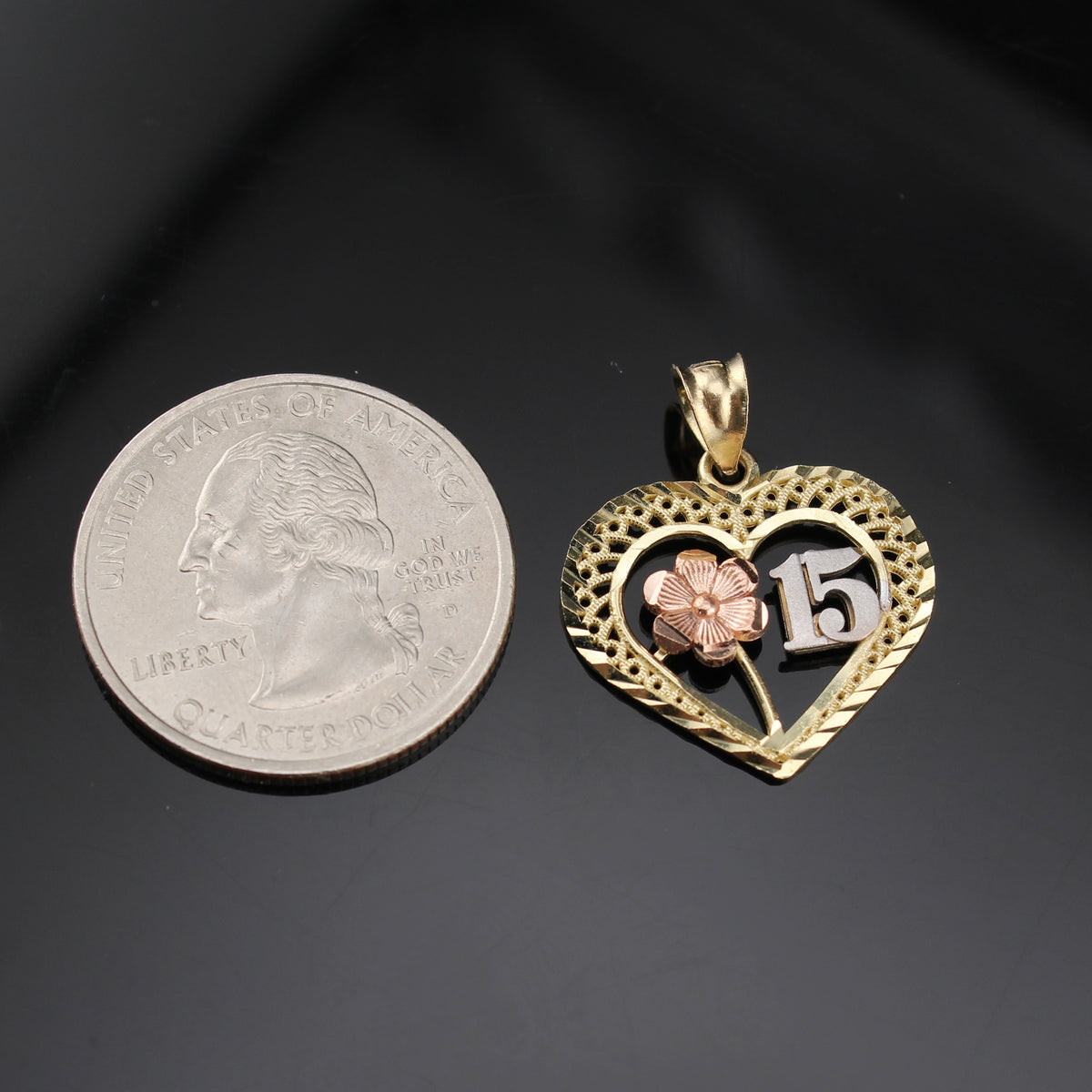 Real 10K Gold Heart Quinceañera Pendant