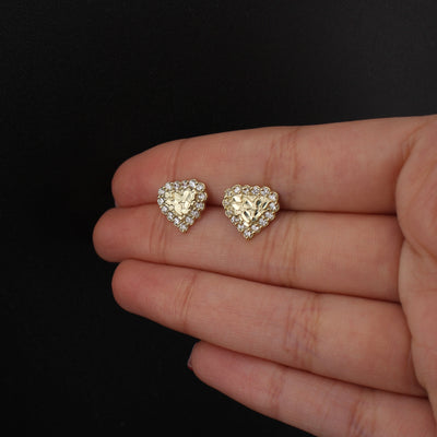 Real 10K Gold Heart Nugget CZ Studs