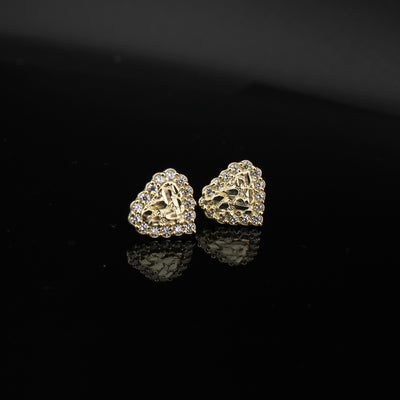 Real 10K Gold Heart Nugget CZ Studs
