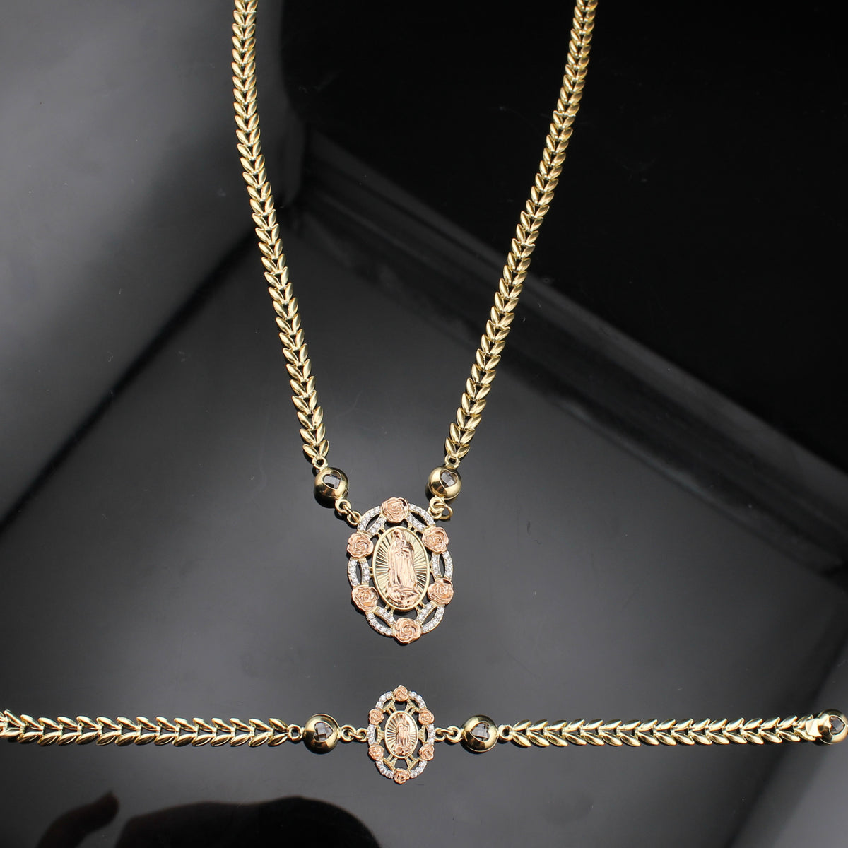 Real 10K Gold Virgin Mary Necklace & Bracelet