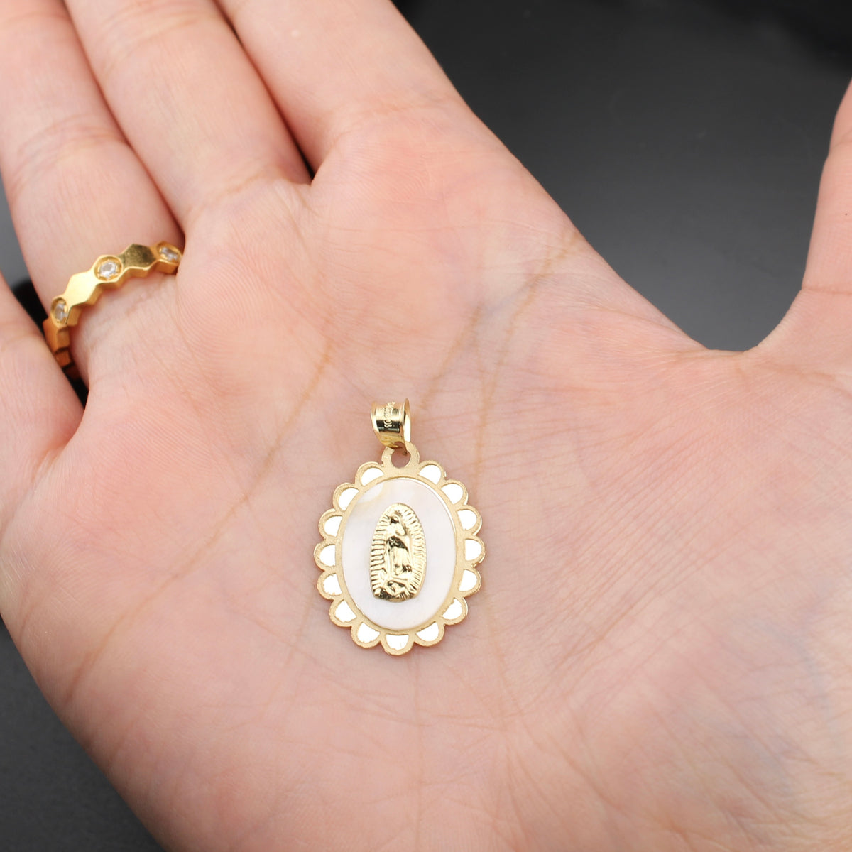 Real 10K Gold Virgin Mary Mother of Pearl Pendant