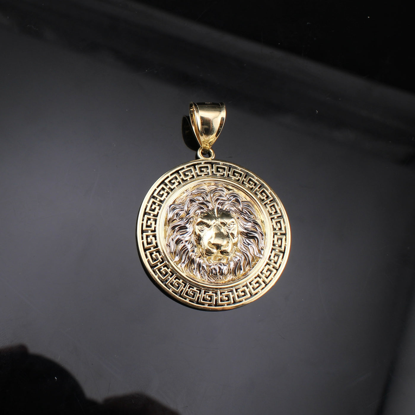 Gold pendant with lion emblem on a dark background